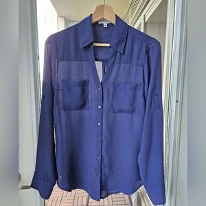 Sheer Button-up Blouse - Blue - Small